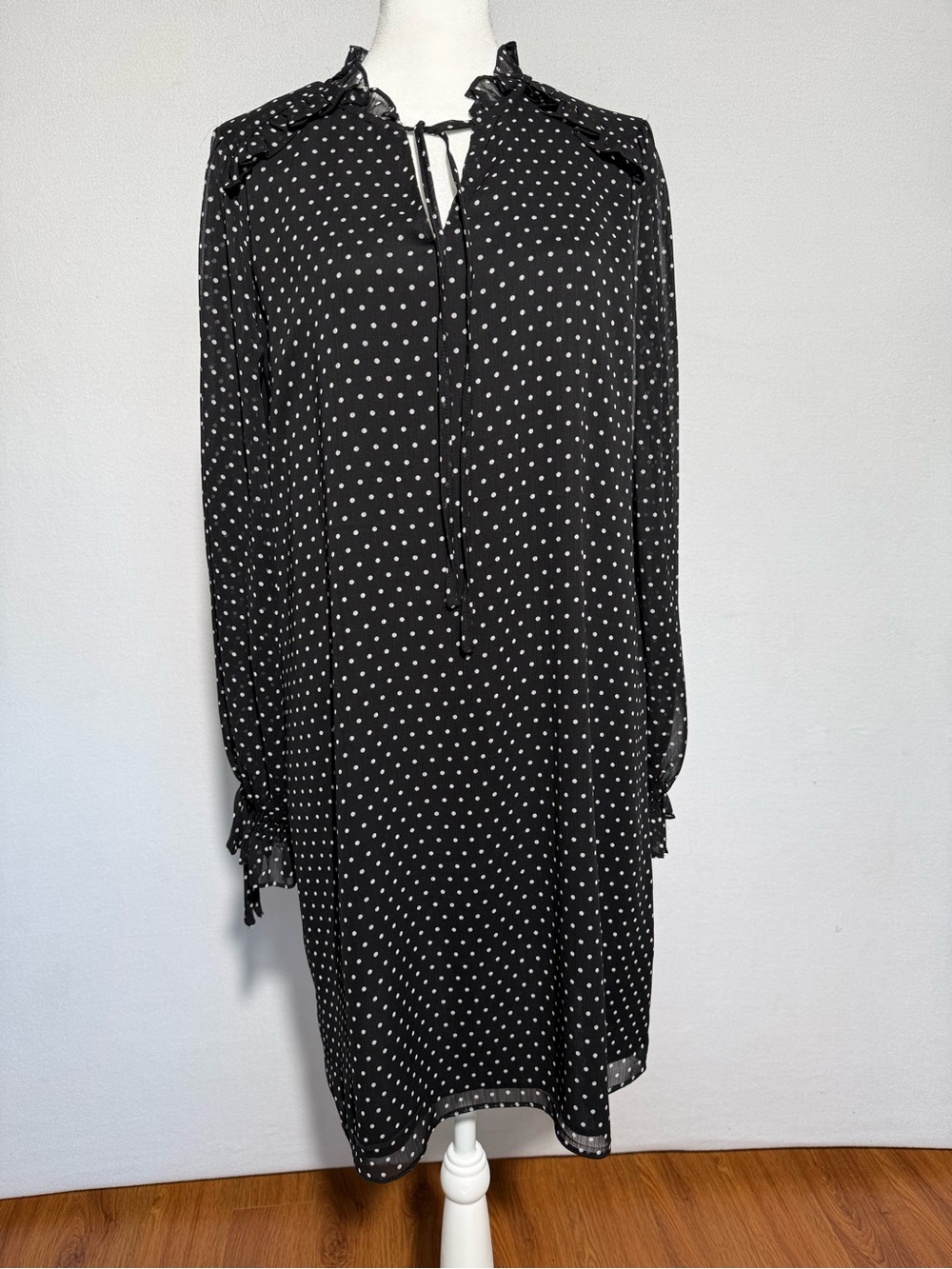 CeCe Black and White Polka Dot Long Sleeve Tie-Neck Dress